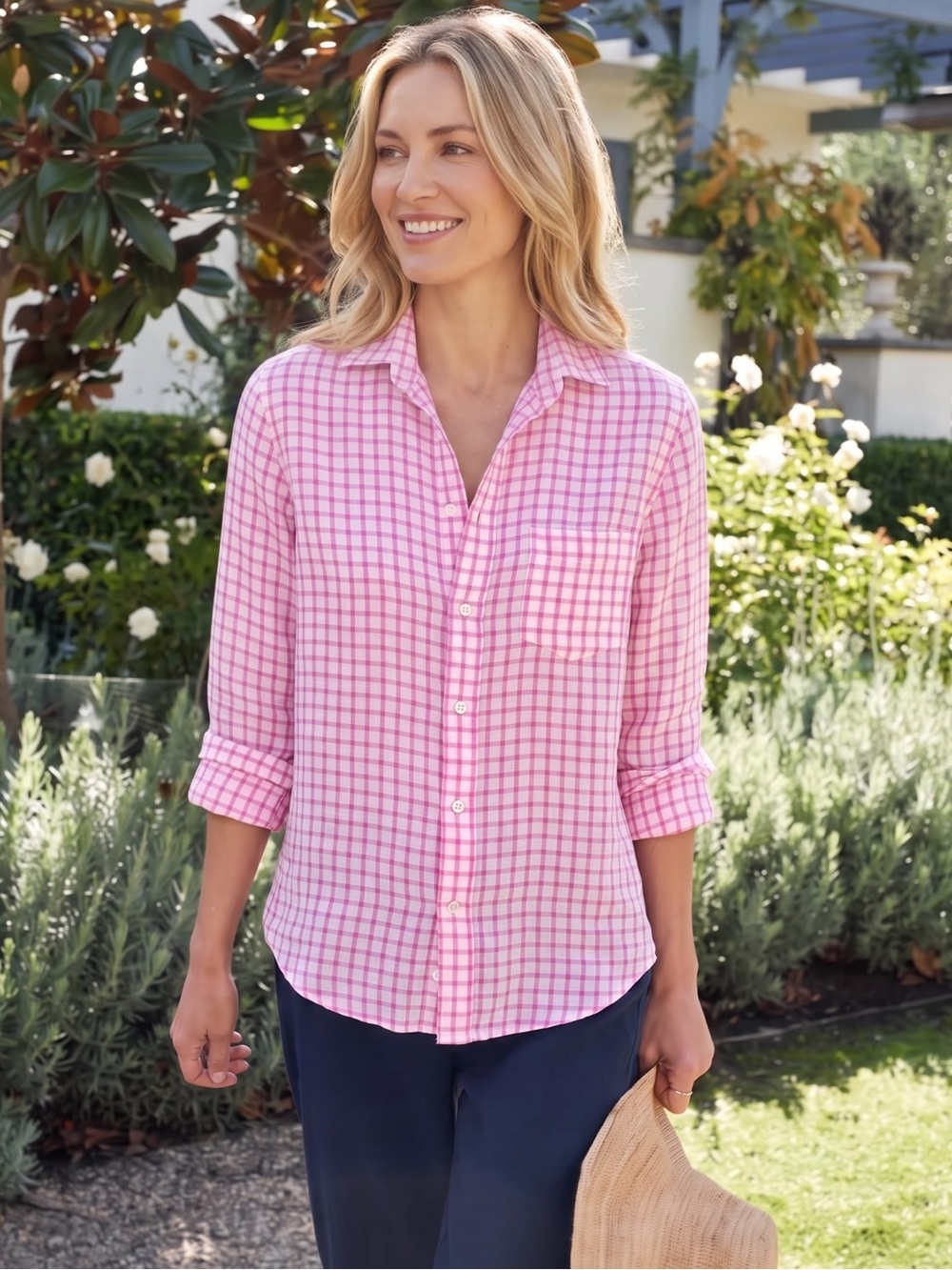 Frank & Eileen 100% Italian Linen Pink White Gingham Tailored Barry Shirt Sz S